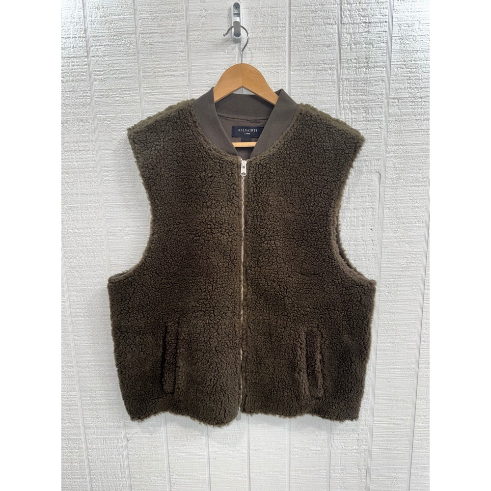 AllSaints Otis Vest Mens Dark Khaki Green/Brown Sherpa Fleece Full Zip Large NEW